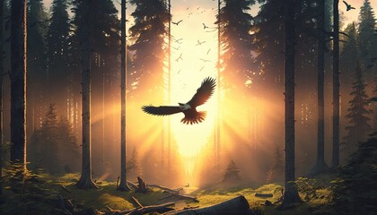  a painting of a bird flying in the air over a forest with sunbeams and birds flying in the sky above the trees and in the foreground.  generative ai