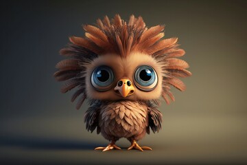 Fototapeta premium 3D Cute little turkey kawaii character. Feathered realistic poult with big eyes. Generative AI