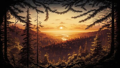  a painting of a sunset over a forest with a lake in the middle of the picture and trees in the foreground and a mountain in the background.  generative ai