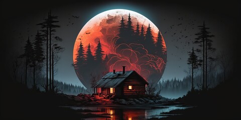 dark illustration of a shack near to the lake