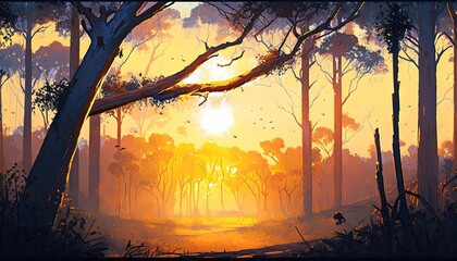  a painting of a sunset in a forest with trees and birds flying in the air above the trees and the sun shining through the trees.  generative ai
