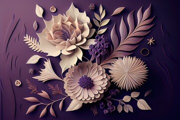paper cut style flowers with purple background, generative AI art