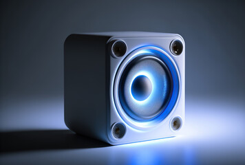 modern compact small minimalist white wireless cube speaker, illuminated led-light, copy space, generative AI
