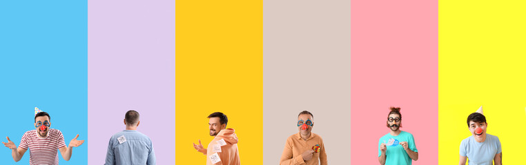 Set of funny men in disguise on color background. April Fools' Day