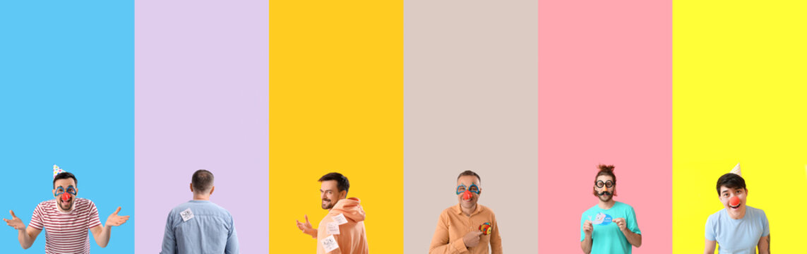 Set of funny men in disguise on color background. April Fools' Day