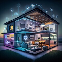 A modern smart home, filled with advanced-edge devices, sensors, and automation technology.