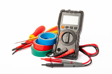 Electrician tools isolated on white background.Electrician tools set. Multimeter, construction...