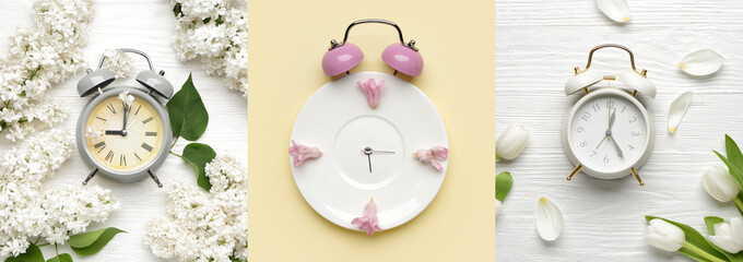 Collage with alarm clocks and flowers, top view. Spring time