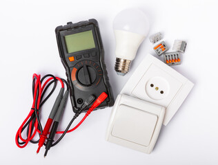 Electrician tools isolated on white background.Electrician tools set. Multimeter, construction...