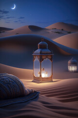 arabia sahara lantern and moon setup for greeting ramadan or eid mubarak cards - obrazy, fototapety, plakaty