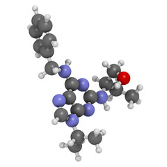 Seliciclib drug molecule (CDK inhibitor). 3D rendering.