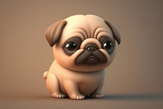 3D Cute little pug dog kawaii character. Fluffy realistic puppy with big eyes. Generative AI