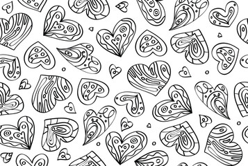 Vector seamless hearts pattern, black silhouettes isolated on white.