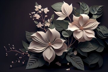 paper cut style with soft white flowers, green leaves, and  background, generative AI Art