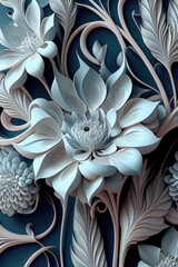 paper cut style soft white botanical flowers with black background, Generative AI Art
