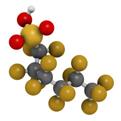 Perfluorohexanesulfonic acid (PFHxS) molecule. 3D rendering.