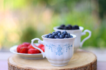 Blueberries, blackberries and strawberries in the vintage porcelain set. Healthy snack served in a garden. Selective focus.