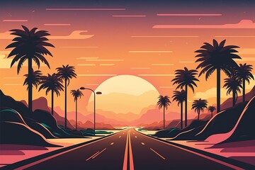 cartoon illustration, tropical sunset and road with palm trees, ai generative