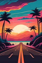 cartoon illustration, tropical sunset and road with palm trees, ai generative