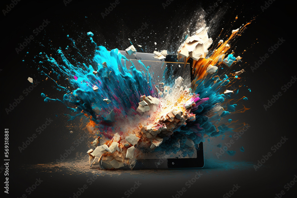 Wall mural Tablet mockup with colorful explosion representing new ideas and creativity. Generative AI. 