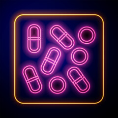 Glowing neon Medical pill bottle biohacking icon isolated on black background. Pharmacy biohacking. Vector