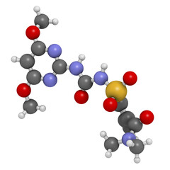 Nicosulfuron systemic herbicide molecule. 3D rendering.