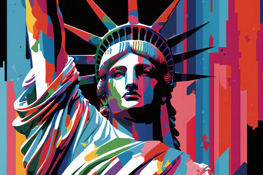 The Statue of Liberty is depicted in bold, vibrant colors, American flag colors being used as the main palette. The essence of this iconic symbol of freedom and democracy. Generative AI