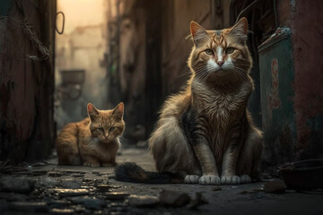 Abandoned cats in the streets. Generative Ai. 