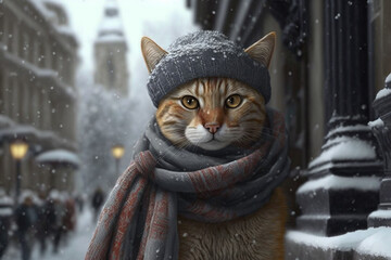 Cat in a hat and scarf in cold winter. Generative Ai. 