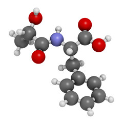 N-lactoyl phenylalanine (Lac-Phe) molecule. 3D rendering.