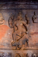 Sculptue of Goddess Durga or Mahishasuramardini slaying the buffalo-demon Mahishasura in cave 1 of...