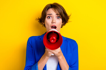 Photo of fear business lady scream bullhorn announce unbelievable news message isolated on bright...