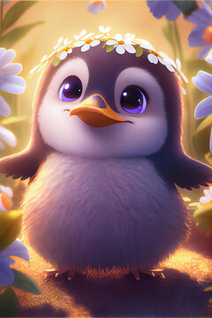 cute and sweet baby fairy penguin, sit in the light light flowers, beautiful big eyes