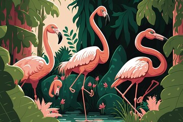  a group of pink flamingos standing in the jungle next to a pond of water and palm trees with leaves on the sides of them.  generative ai