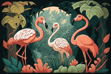  a group of flamingos standing in a jungle with leaves and plants around them, with a sun in the background and a black background.  generative ai