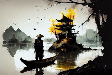 Contemporary color ink oil painting, illustration of a boat on the lake with a temple on small island, generative AI Art