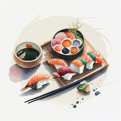 Fototapeta na wymiar Traditional Japanese Sushi Food Fish Salmon Plate Wrapped Rice Dipping Sauce Generative AI Tools Technology illustration