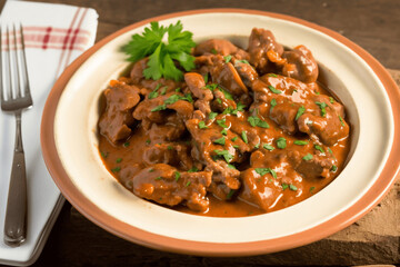 Portuguese Delight: Moelas - A Hearty and Flavorful Chicken Giblets Gizzards Stew with Tomato Sauce, a Traditional Recipe passed down generations. Authentic and Comforting Meal ai generative