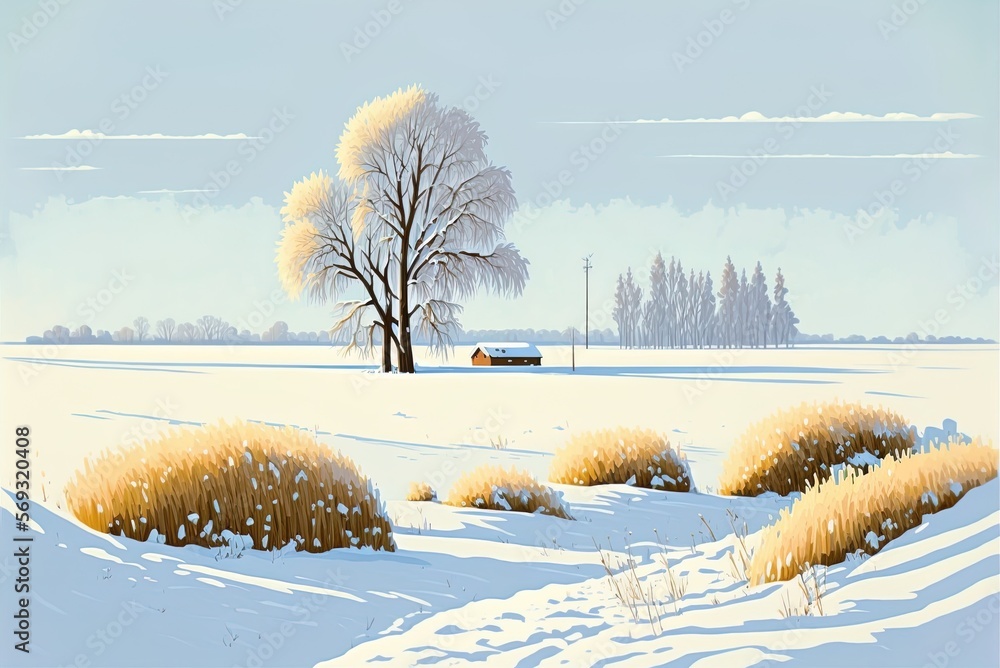 Poster the snowy scene of a field with trees in the winter winter scenery generative ai