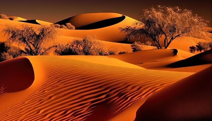  a desert landscape with trees and sand dunes at sunset or sunrise or sunset or sunset or sunset, with a few trees and bushes in the foreground.  generative ai