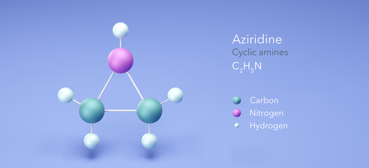 aziridine molecule, molecular structures, cyclic amines, 3d model, Structural Chemical Formula and Atoms with Color Coding