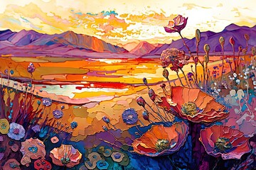 Fototapeta na wymiar a painting of flowers in a field with a sunset in the background and a body of water in the foreground with mountains in the background. generative ai