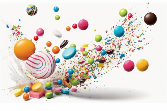  a bunch of different colored candies are flying in the air with sprinkles on the ground and on the ground, with a white background.  generative ai