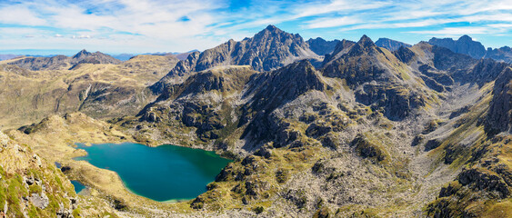 Fototapeta na wymiar Fontargent lakes from Fontargent peak, Andorra