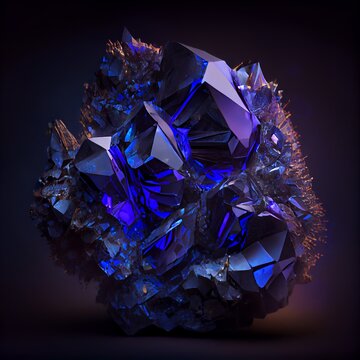 Shiny Blue Crystal Tanzanite gem isolated on black background. Natural precious mineral stone artistic illustration. Decorative ultramarine Blue Crystal Tanzanite gemstone realistic square poster.