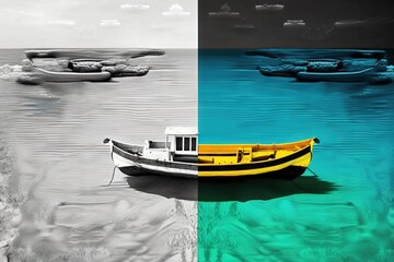  a boat floating on top of a body of water next to another boat in the ocean and another boat floating on the water with two different colors.  generative ai