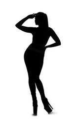 Naklejka na ściany i meble Silhouette of dancing young woman in high heels on white background