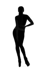 Silhouette of dancing young woman in high heels on white background