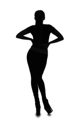 Silhouette of dancing young woman in high heels on white background