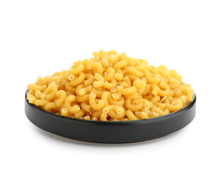 Plate of raw elbow pasta isolated on white background